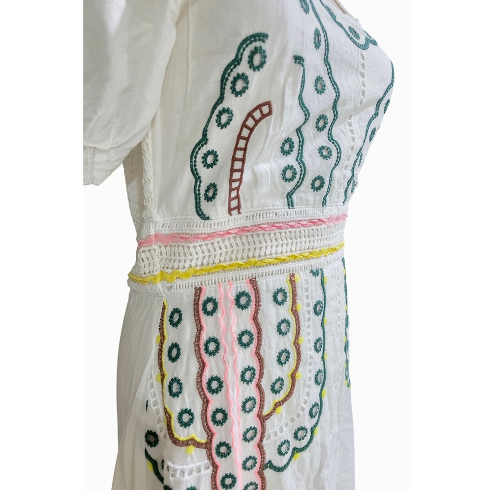 Bohme Embroidered Midi Dress Women S White Eyelet Puff Sleeve Smocked - Picture 10 of 16